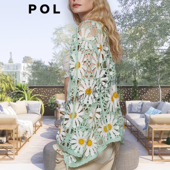 POL Mint Daisies Large Pattern Crochet Cut Out Open Front Shacket Cardigan Top - Picture 2 of 9